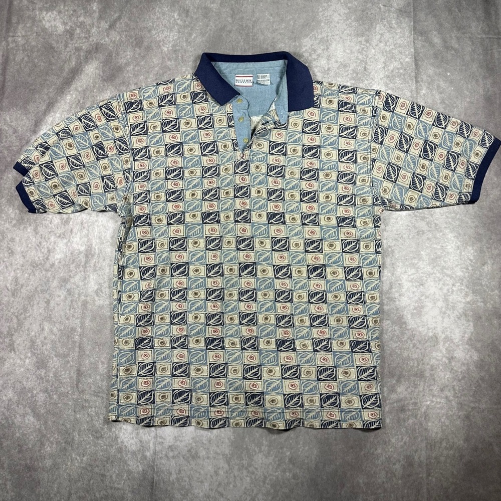 Vtg Bugle Boy Company Mens XXL Blue Geometric Leaf Print Short Sleeve Polo Shirt